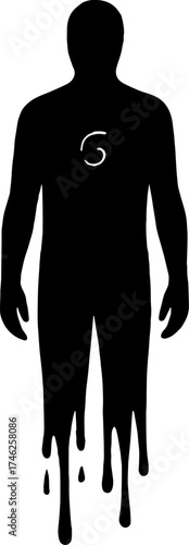 Silhouette of human with glowing spiral inside chest - cursed body vector with white background 