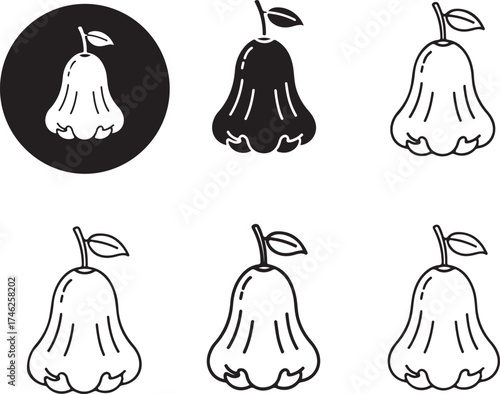 Rose apple fruit icons in multiple styles on transparent background silhouette