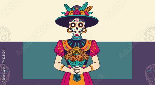 An elegant Calavera Catrina, adorned in traditional attire and holding marigolds, is presented in this charming flat design illustration.