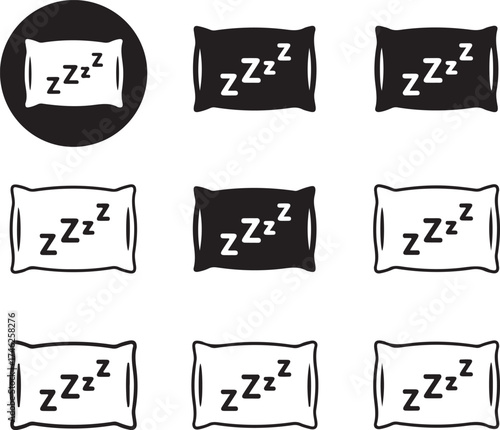 Black sleeping pillows with zzz icons pattern set on transparent background silhouette