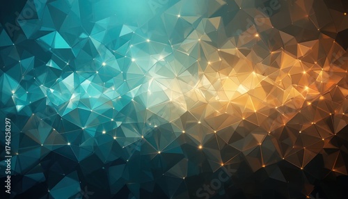 Dynamic geometric network with glowing nodes and gradient light, representing complex data connections and futuristic technology.