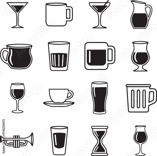 Collection of black drinkware and objects simple design on transparent background silhouette