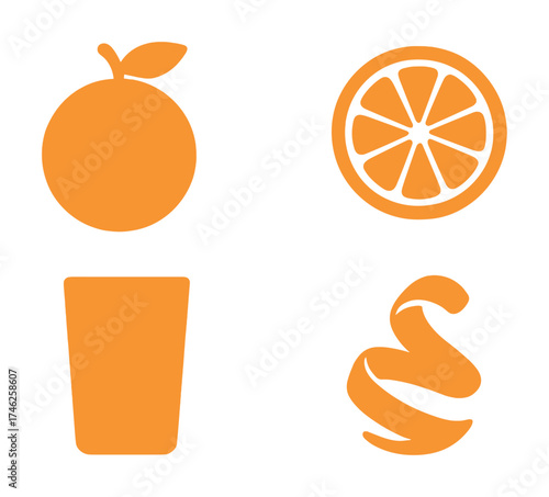 Vector Orange icons: whole fruit, slice, juice glass, peel in minimalist design