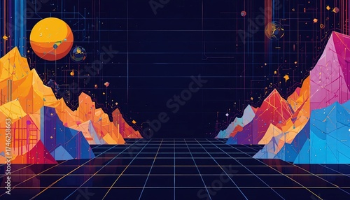 Vibrant retrofuturistic landscape with neon grid, abstract mountains, and celestial orbs evokes digital exploration and futuristic dreams.