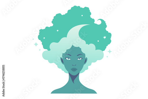 Stylized portrait of a woman with flowing turquoise hair resembling clouds and stars
