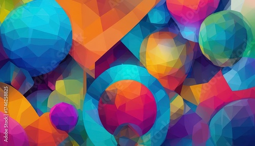 Vibrant abstract geometric shapes and spheres create a dynamic, modern, and colorful background perfect for creative projects and design.