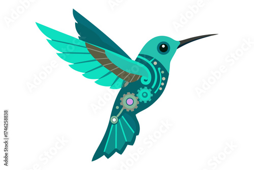 Steampunk hummingbird with gears and circuit patterns in flight