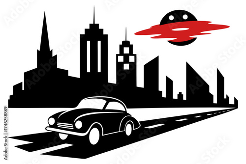 Retro car drives on road with alien spaceship over city skyline