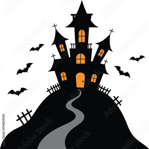 Spooky halloween haunted mansion on a hill with bats and graveyard silhouettes isolated on transparent background