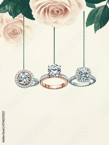 Elegant diamond rings hanging from rose stems for jewelry sale, small gestures of love, beauty blogs, jewelry artistic advertising, jewelry promo, jewelry catalogs, diamonds visuals
