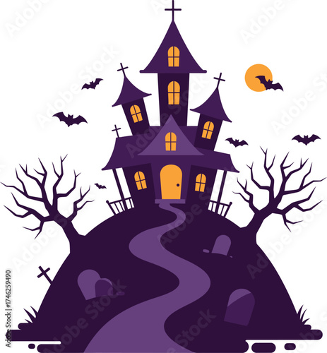 Spooky haunted mansion halloween scene with bats and moon for spooky celebrations isolated on transparent background