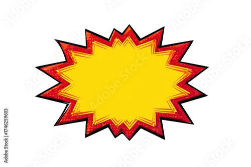 Yellow starburst shape with red and orange comic book style border isolated on a transparent background