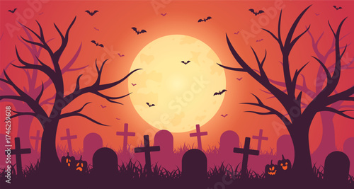 Halloween background with scary pumpkins on a full moon night, with a graveyard and flying bats. Silhouette of trees and grass. Designs for Halloween with an orange background. Vector illustration.