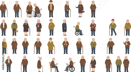 Flat vector illustration of elderly people in various poses, senior men and women with canes, wheelchairs, casual clothing, isolated on white background for design