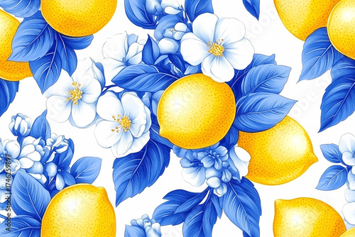 Blue and white floral pattern with yellow lemons. The lemons are scattered throughout the pattern, with some in the foreground and others in the background. Scene is bright and cheerful