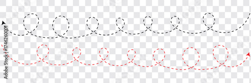 Dot line path arrow set. Curved Dashed line arrows. Wavy dotted line path Long squiggle arrow