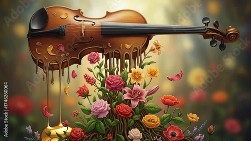 A surreal violin melts into a vibrant bouquet of colorful flowers, creating a harmonious blend of music and nature.