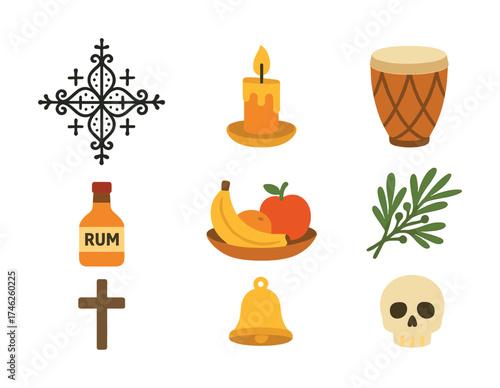 Vector Voodoo ritual symbols with rum, skull, cross, candle, drum, and fruits
