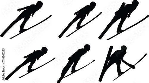 Ski jumping silhouette, winter sport, athlete in motion, ski jump sequence, snow activity, extreme sport, flight posture, landing stance, competition, training