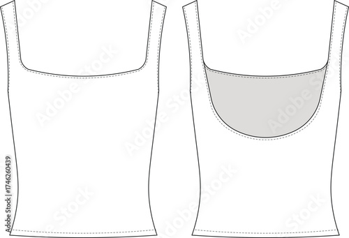 sleeveless strappy shoulder straps square neck fit backless elastic sport blouse top template technical drawing flat sketch cad mockup fashion woman design style model 
