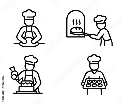 Vector Line art illustrations of chefs baking and decorating bread and cakes