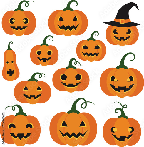 Collection of cheerful halloween pumpkins with carved faces and witch hat festive decor isolated on transparent background
