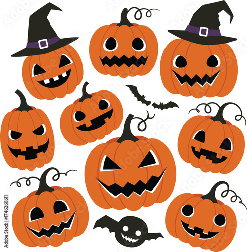 Spooky halloween pumpkins and bats a festive collection for autumn celebrations and decorations isolated on transparent background