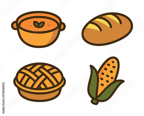 Vector Vector icons of soup, bread, pie, and corn - cartoon food illustration
