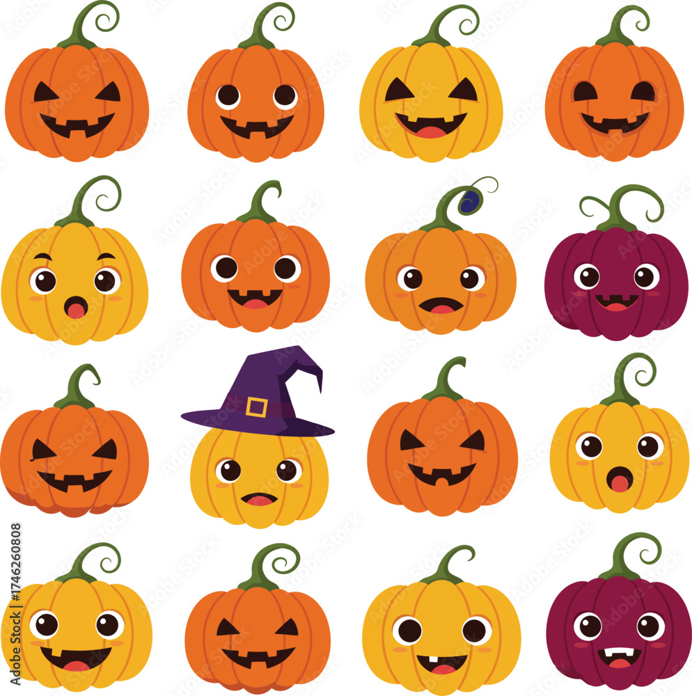 Naklejka premium Collection of cute and spooky halloween pumpkin faces icons for festive autumn decorations isolated on transparent background