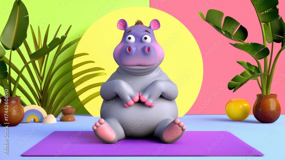 Naklejka premium Cute cartoon hippo character sitting on a yoga mat surrounded by vibrant colors and tropical plants in a playful setting