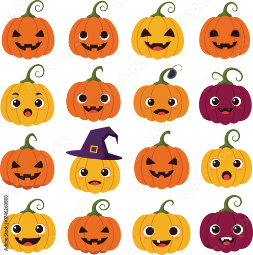 Collection of cute and spooky halloween pumpkin faces icons for festive autumn decorations isolated on transparent background