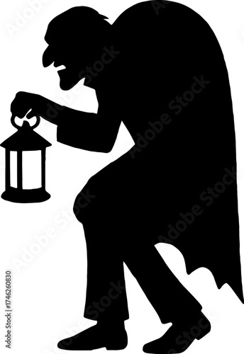 Silhouette of old hunchback servant carrying lantern - classic horror vector with white background 
