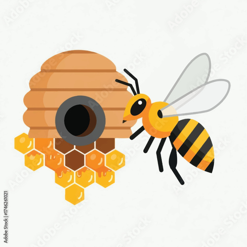 Cartoon Bee Flying Next to a Wooden Beehive with Honeycomb.