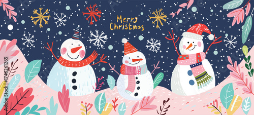 Three snowmen in scarves and hats, surrounded by falling snowflakes and colorful leaves against a night sky. Flat cartoon vector illustration with the text Merry Christmas Winter holiday poster