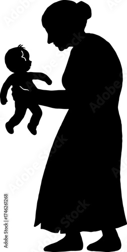 Silhouette of old lady silhouette holding broken doll - creepy figure vector with white background 