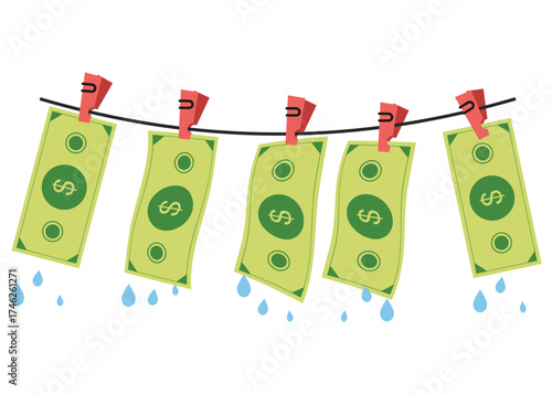 Dirty laundry money washing clothesline clean concept of paper money