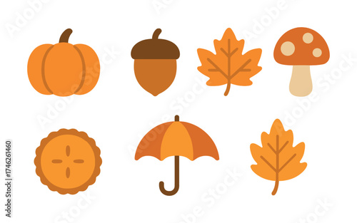 Vector Autumn set: pumpkin, acorn, leaves, mushroom, pie, umbrella symbols