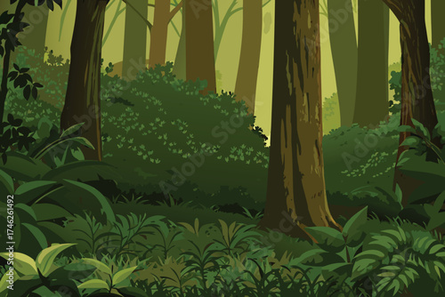 Lush green forest scene with tall trees and dense foliage