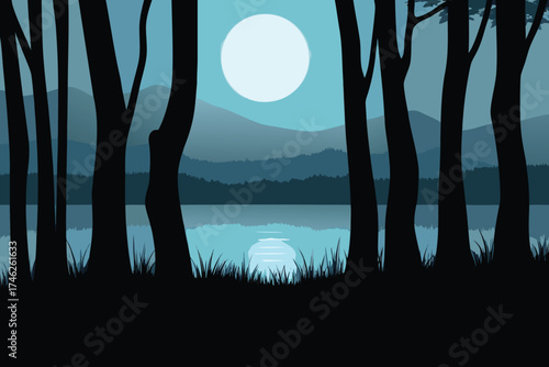 Silhouetted trees and mountains reflected in calm waters under a full moon