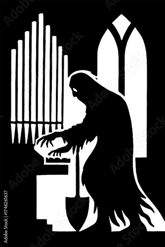 Silhouette of phantom organ player in gothic cathedral vector with white background 