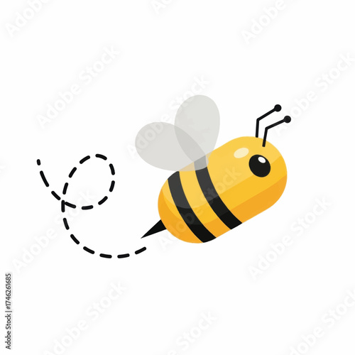 Cute cartoon bee flying with a dotted trail.