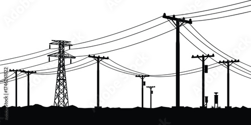 Black silhouette illustration of electric power poles and transmission tower with cables on white background for industrial electricity design vector