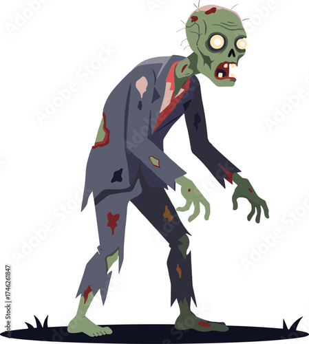 Zombie character, cartoon undead, horror illustration, tattered suit, red tie, green skin, creepy grin, Halloween theme, scary monster, eerie pose