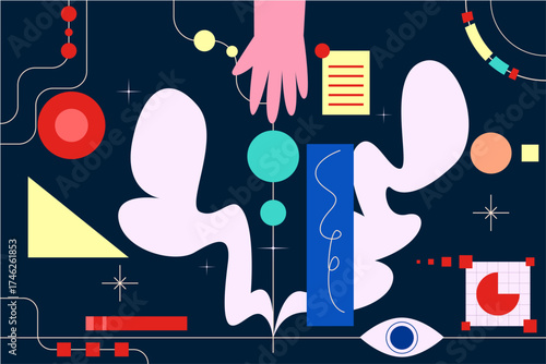 Hand adjusts central nodes among shapes, charts, and paths in a connected visual system.