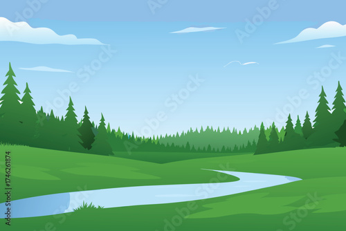 A peaceful landscape with lush green trees and a winding river
