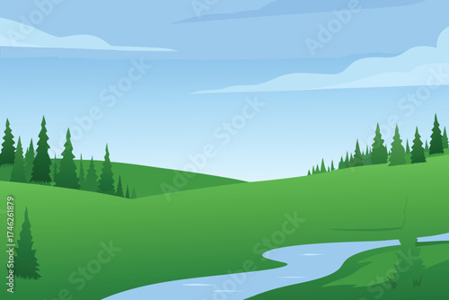 A serene landscape featuring green hills a small river and blue skies