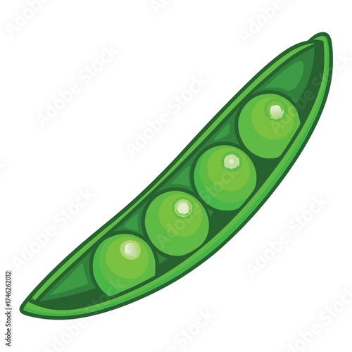 A bright green pea pod containing four round vibrant green peas