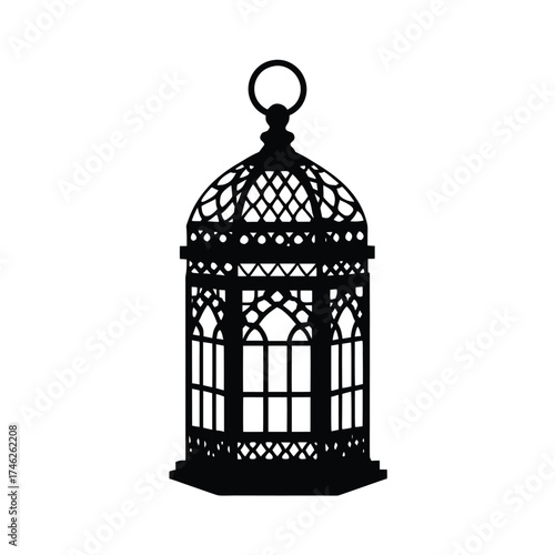 Elegant black silhouette of a vintage birdcage decorative and ornamental design