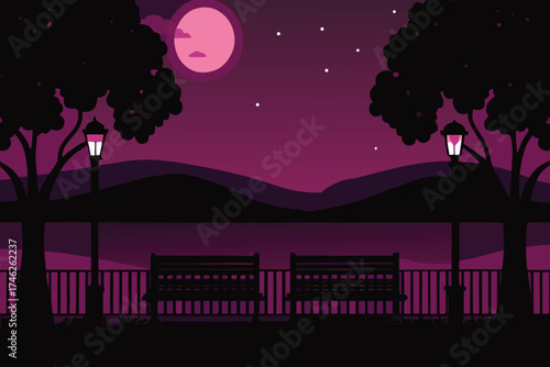 A peaceful park scene at night with a glowing full moon above