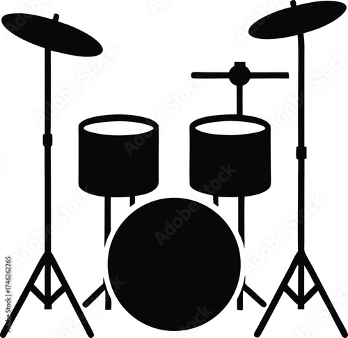 Simple Black Silhouette Drum Set with Cymbals and Stands Keywords: drum set, drums, percussion